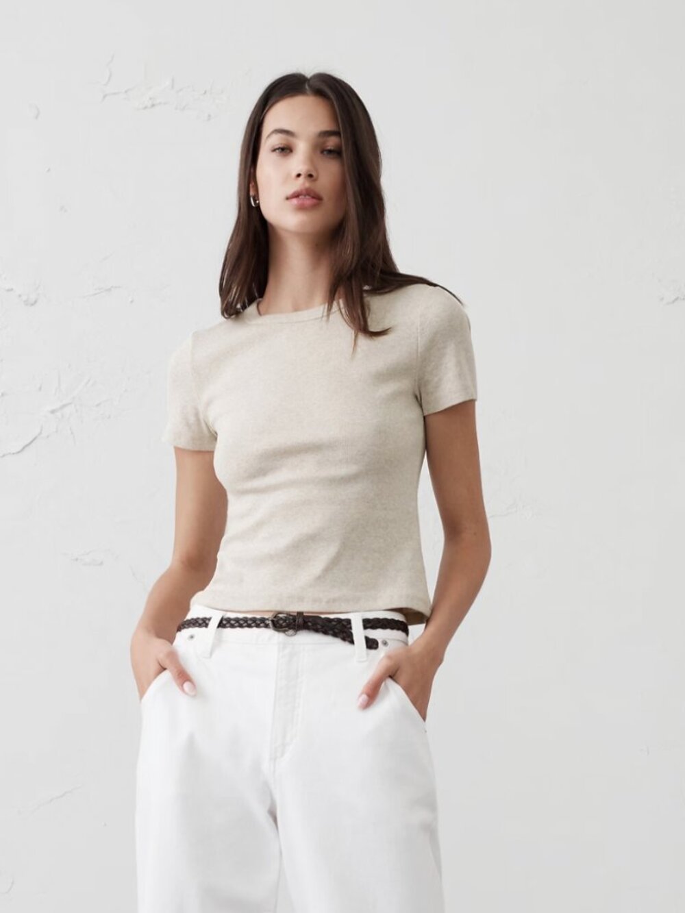 Banana Republic Women's Ribbed T-Shirt Small Beige "Oatmeal Heather" New NWOT